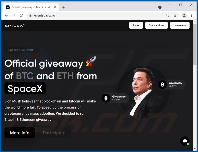 SpaceX BTC and ETH giveaway scam