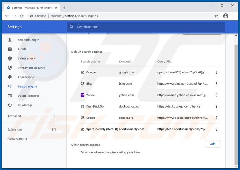 Removing sportsearchly.com from Google Chrome default search engine