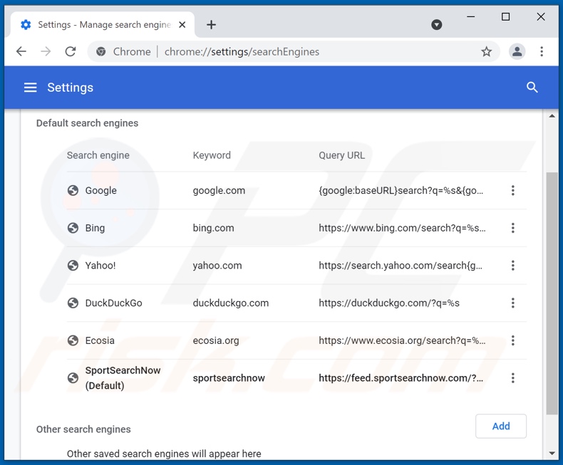 Removing sportsearchnow.com from Google Chrome default search engine