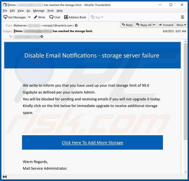 Storage Server Failure email scam email spam campaign
