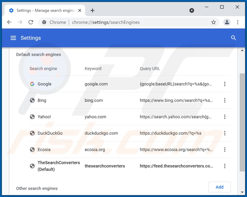 Removing thesearchconverters.com from Google Chrome default search engine
