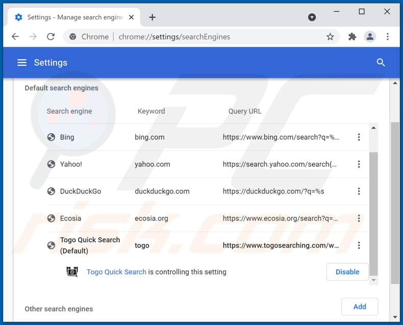 Removing togosearching.com from Google Chrome default search engine