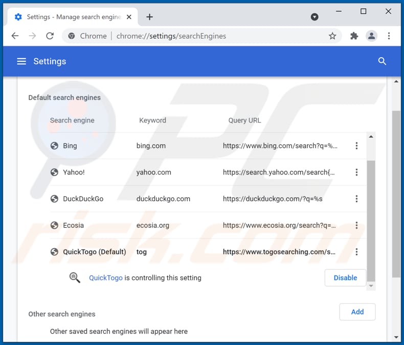 Removing togosearching.com from Google Chrome default search engine