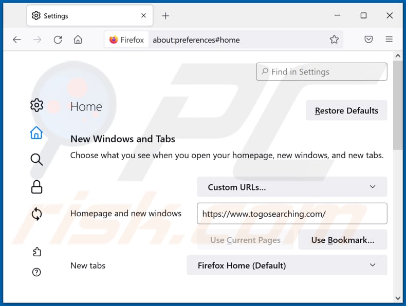 Removing togosearching.com from Mozilla Firefox homepage