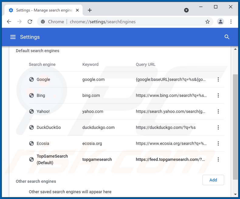 Removing topgamesearch.com from Google Chrome default search engine