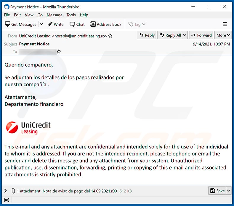 UniCredit Bank-themed spam email used to spread Agent Tesla malware