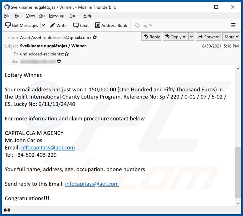 Uplift International Charity Lottery Program email spam campaign