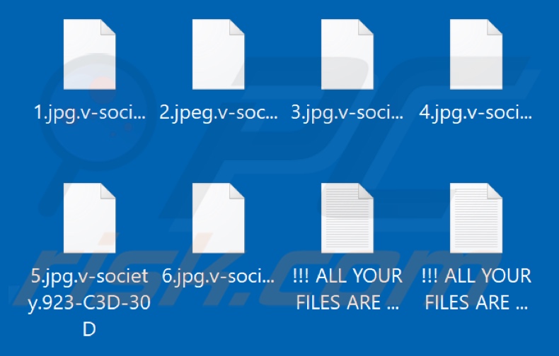 Files encrypted by VICE SOCIETY ransomware (.v-society.[victim's_ID] extension)