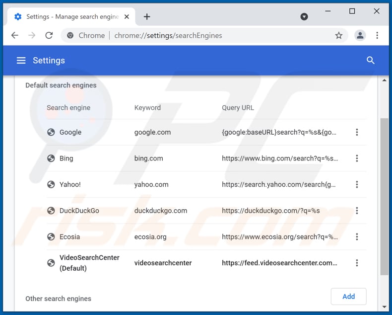 Removing videosearchcenter.com from Google Chrome default search engine