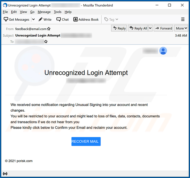 Unrecognized Login Attempt spam email