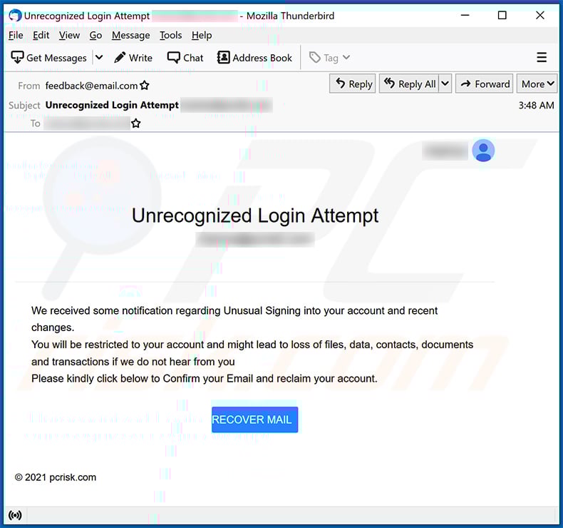 Unrecognized Login Attempt spam email