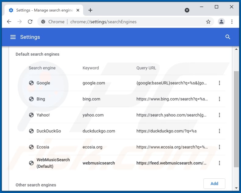 Removing webmusicsearch.com from Google Chrome default search engine
