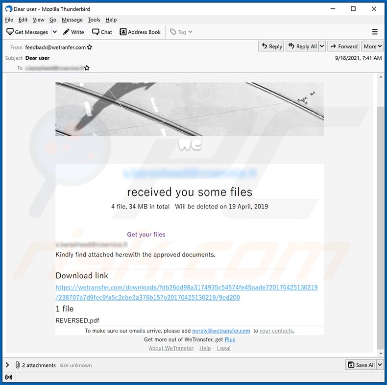 WeTransfer-themed spam email (2021-09-20)