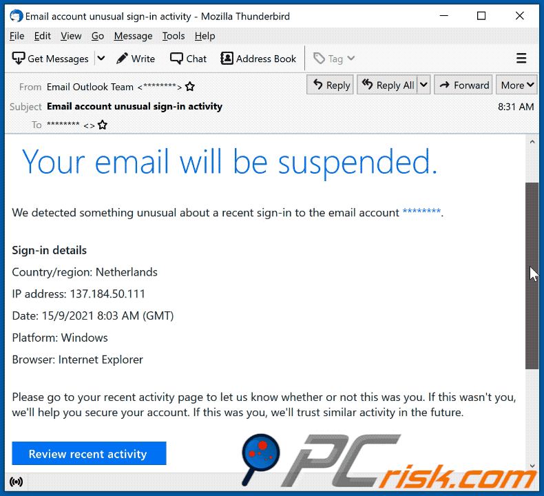 Your email will be suspended scam letter appearance (GIF)
