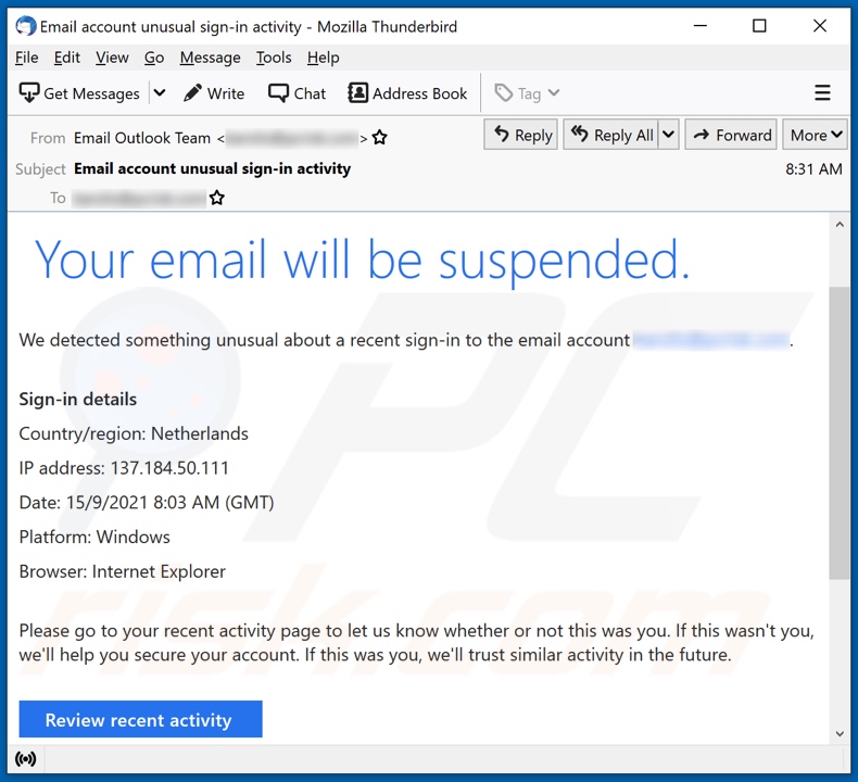 Your email will be suspended Scam email spam campaign