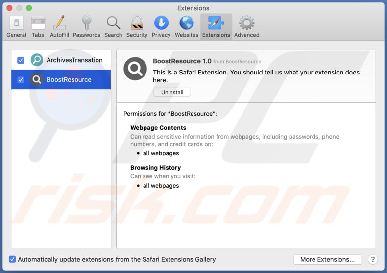 boostresource adware installed on safari