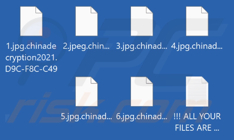 Files encrypted by Chinadecryption2021 ransomware (.chinadecryption2021.[victim's_ID] extension)
