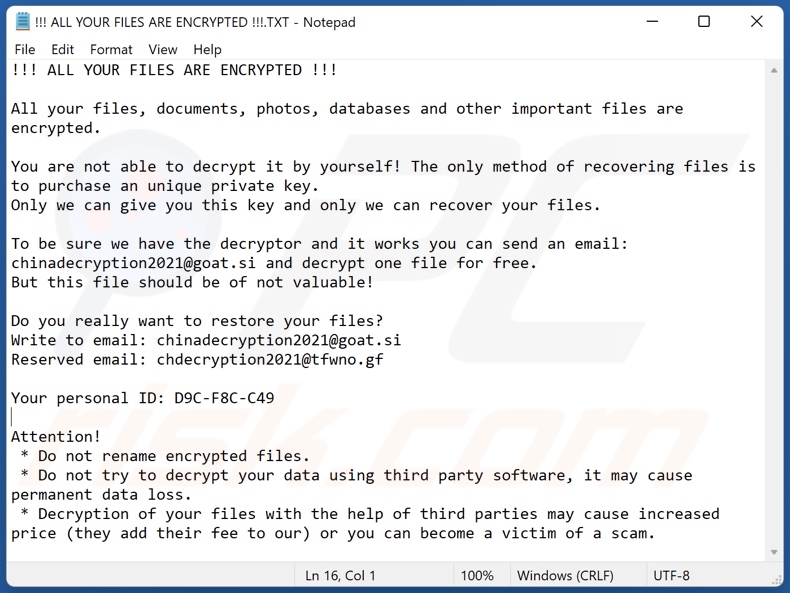 Chinadecryption2021 decrypt instructions (!!! ALL YOUR FILES ARE ENCRYPTED !!!.TXT)