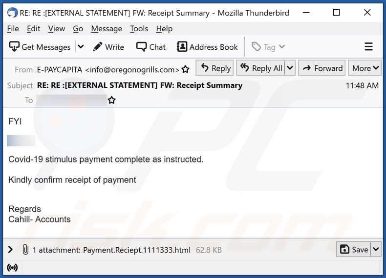 Covid-19 stimulus payment email spam campaign