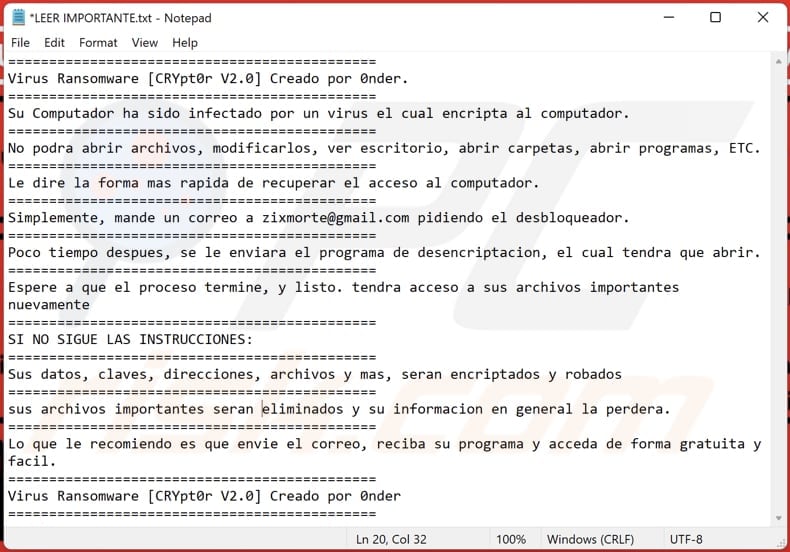 CRYpt0r V2.0 ransomware text file (LEER IMPORTANTE.txt)