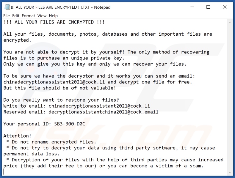 Decryptionassistant ransomware decrypt instructions (!!! ALL YOUR FILES ARE ENCRYPTED !!!.TXT)
