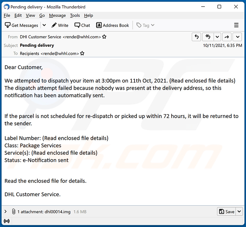 Pending DHL delivery scam email (2021-10-12)
