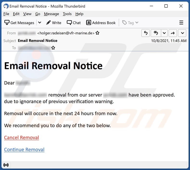 Email Removal Notice email scam