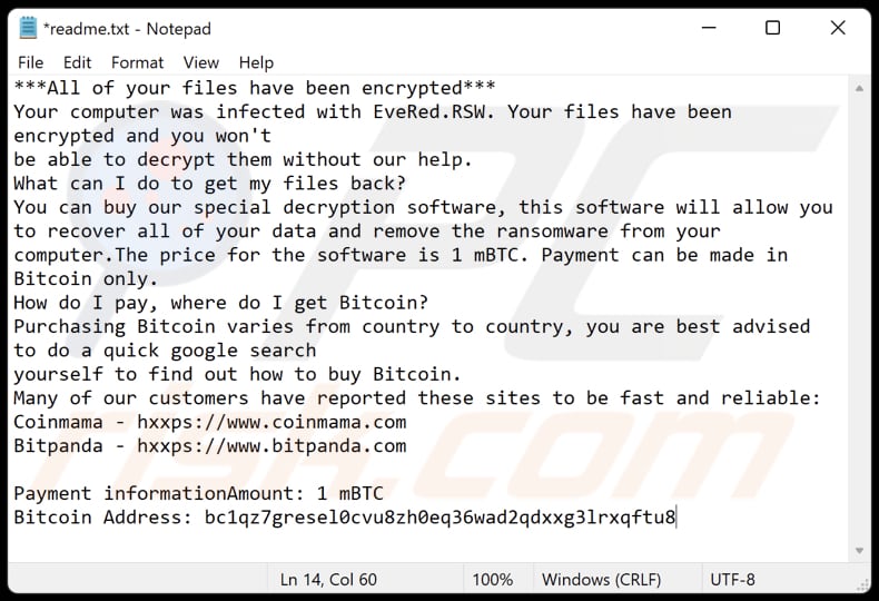 EveRed ransomware text file (readme.txt)