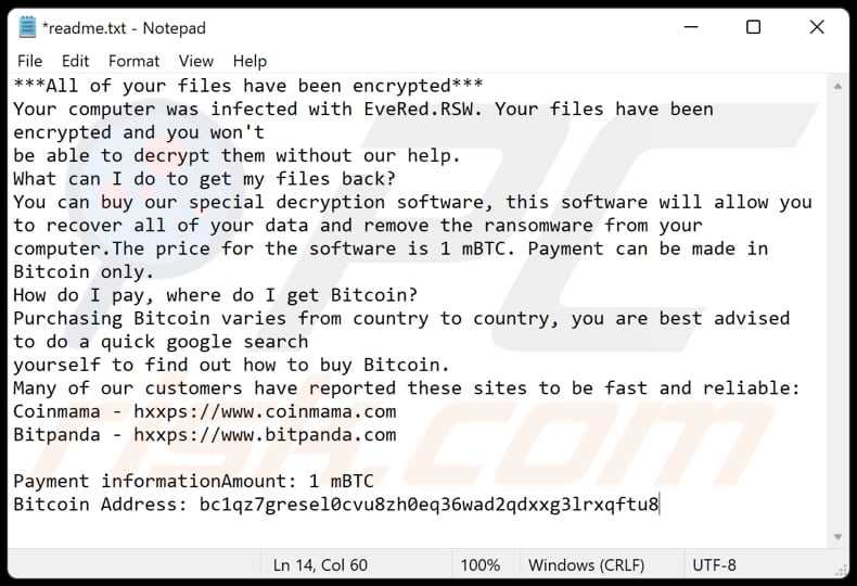 EveRed ransomware text file (readme.txt)