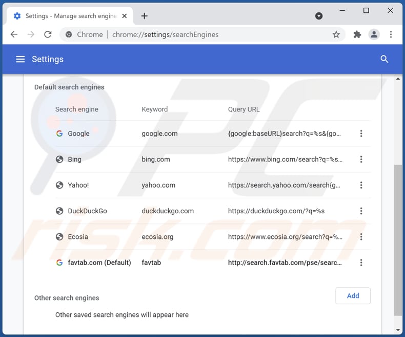 Removing favtab.com from Google Chrome default search engine