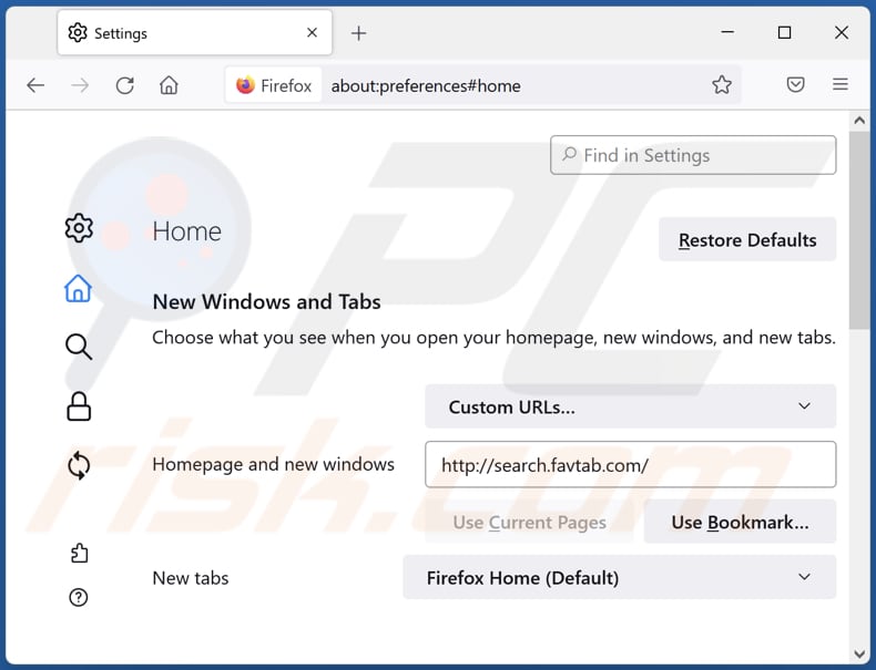 Removing favtab.com from Mozilla Firefox homepage