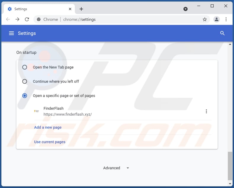 Removing finderflash.xyz from Google Chrome homepage