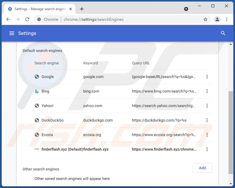 Removing finderflash.xyz from Google Chrome default search engine