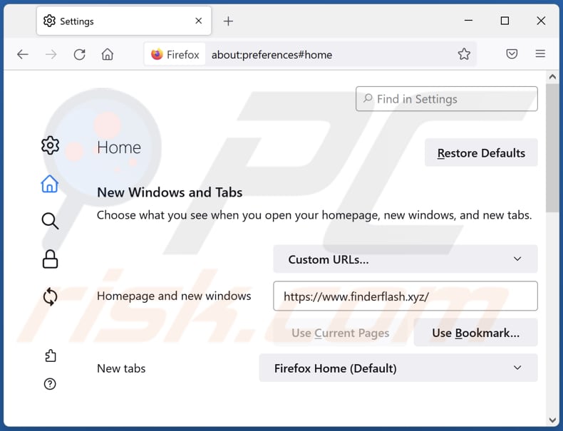 Removing finderflash.xyz from Mozilla Firefox homepage