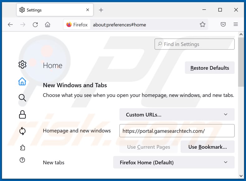 Removing gamesearchtech.com from Mozilla Firefox homepage