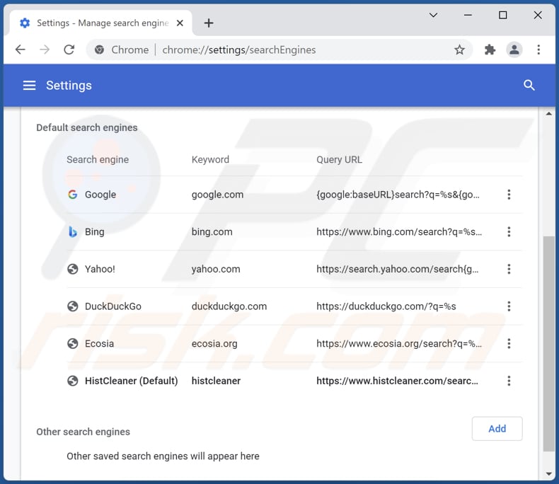 Removing histclean.com from Google Chrome default search engine