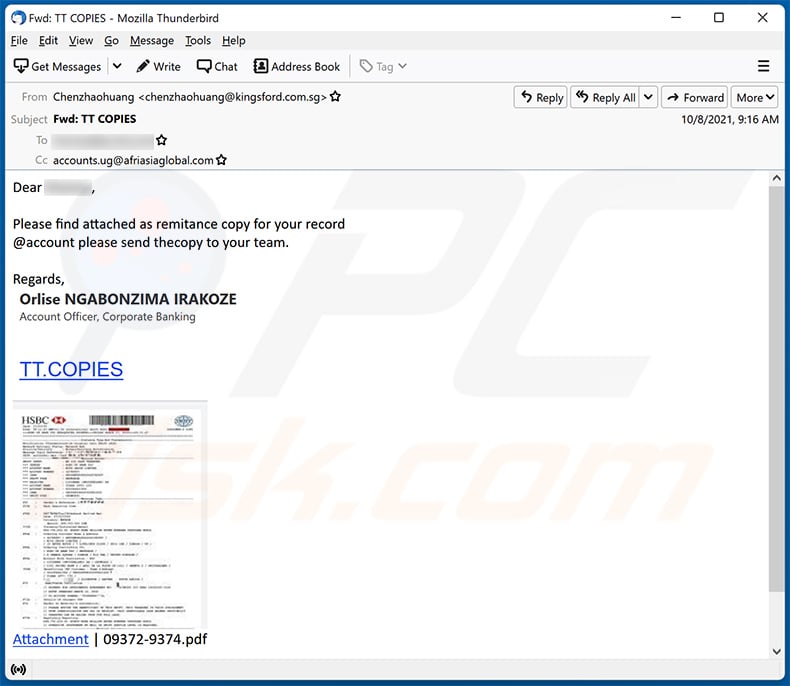 HSBC-themed spam email used to promote a phishing site (2021-10-11)