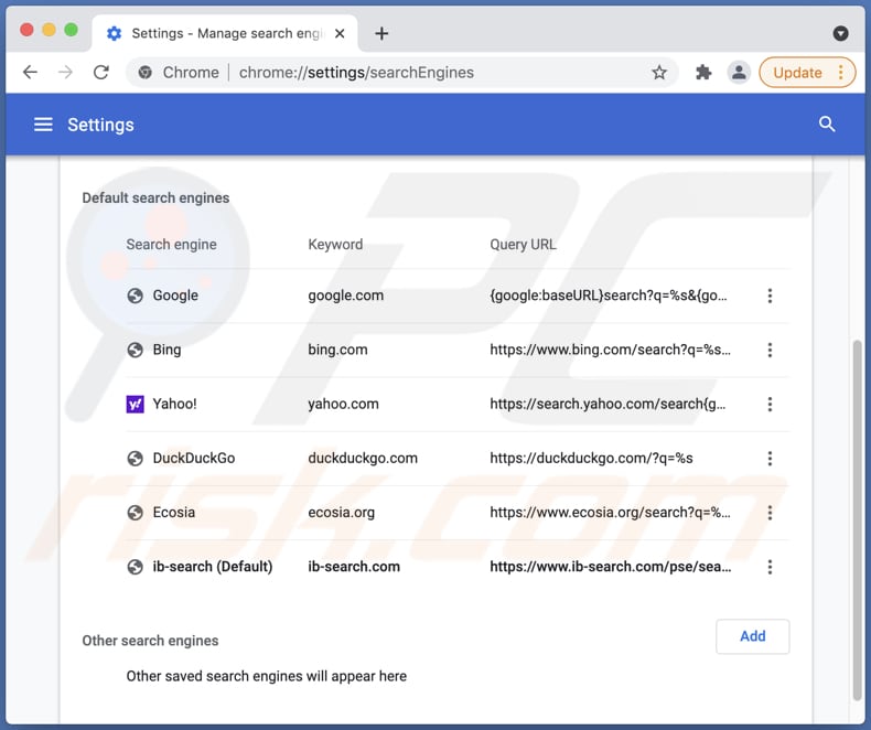 ib-search.com as the default search engine in chrome browser settings