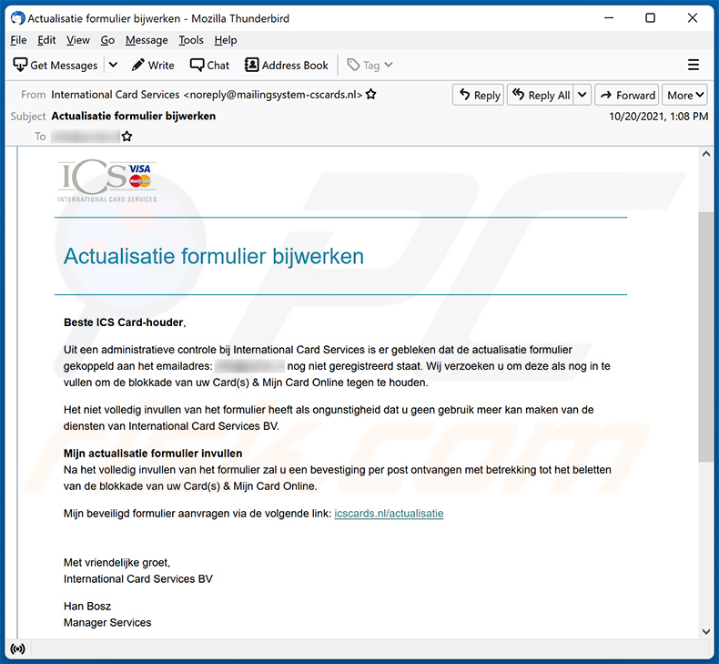 ICS (International Card Services) spam email Dutch variant