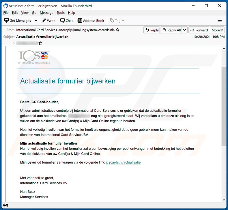 ICS (International Card Services) spam email Dutch variant