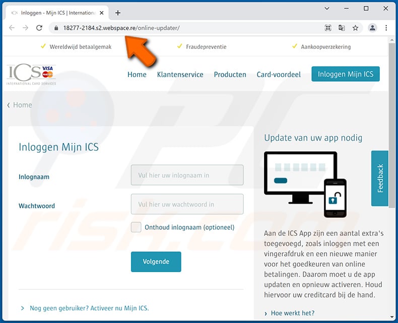 Fake ICS (International Card Services) website used for phishing purposes