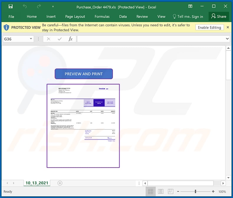 Malicious MS Excel document distributed via invoice-themed spam email (2021-10-14)