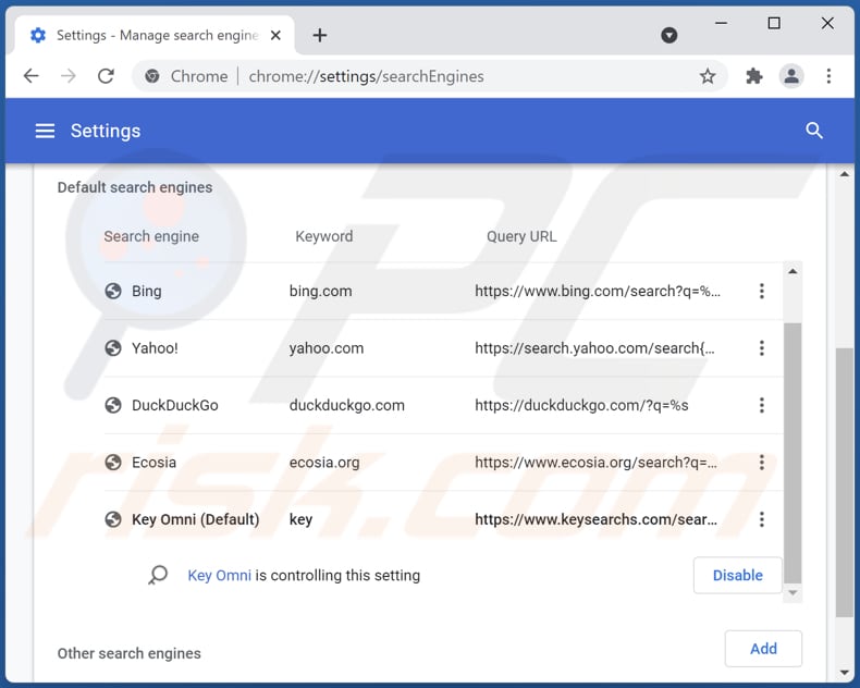 Removing keysearchs.com from Google Chrome default search engine