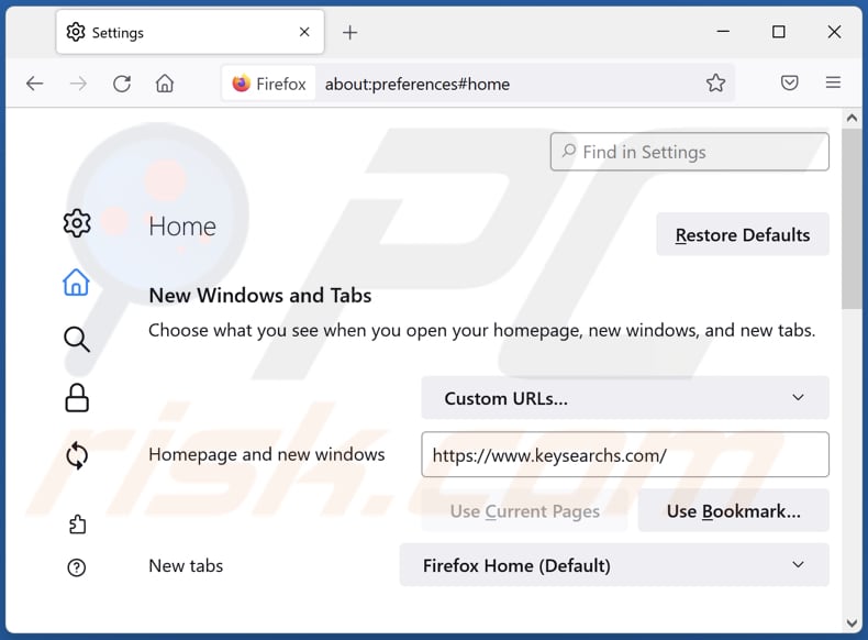 Removing keysearchs.com from Mozilla Firefox homepage