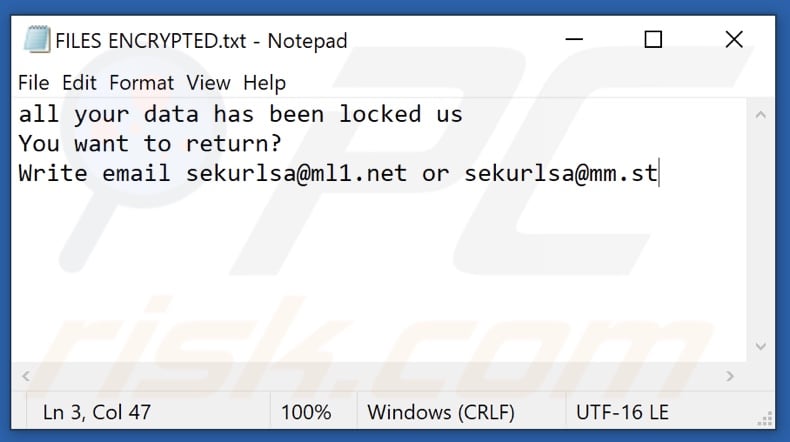 Lsas ransomware text file (FILES ENCRYPTED.txt)