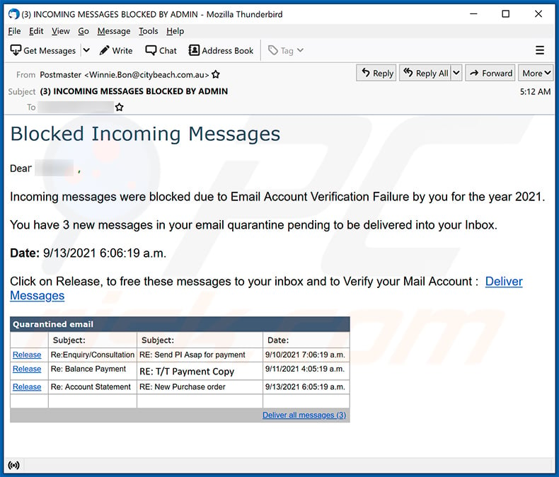 Blocked Incoming Messages spam email (2021-10-01)