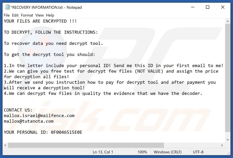 Mallox decrypt instructions (RECOVERY INFORMATION.txt)