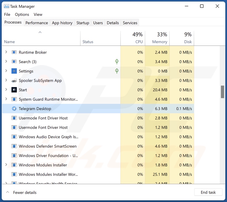 Maxtrilha trojan process on Task Manager (Telegram Desktop - process name)