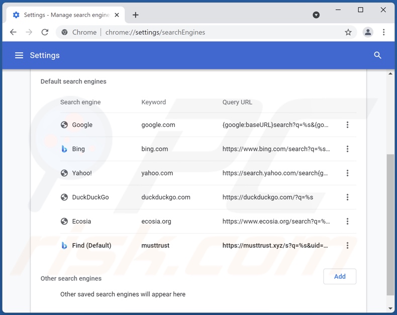 Removing musttrust[.]xyz from Google Chrome default search engine