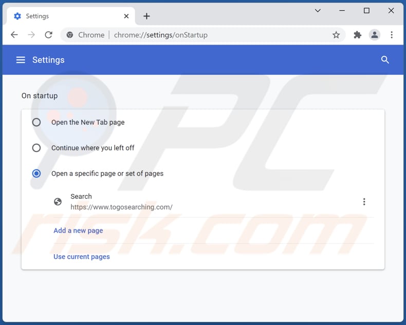 Removing togosearching.com from Google Chrome homepage